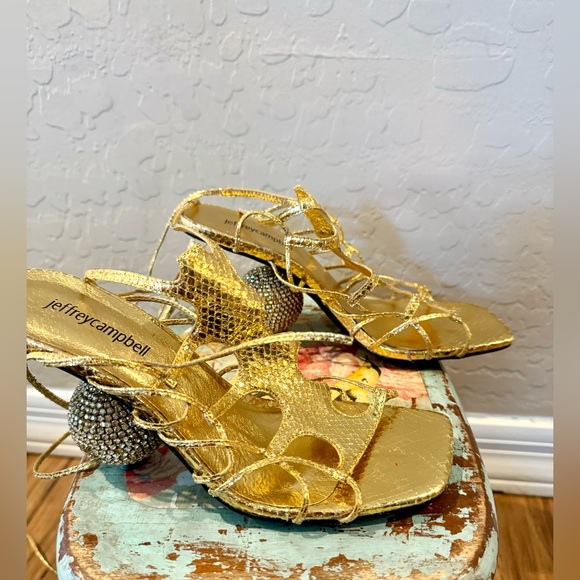 Jeffrey Campbell Le Freak Gold Metallic Tie up Sandal with Rhinestone Heel 6.5 - Picture 4 of 16